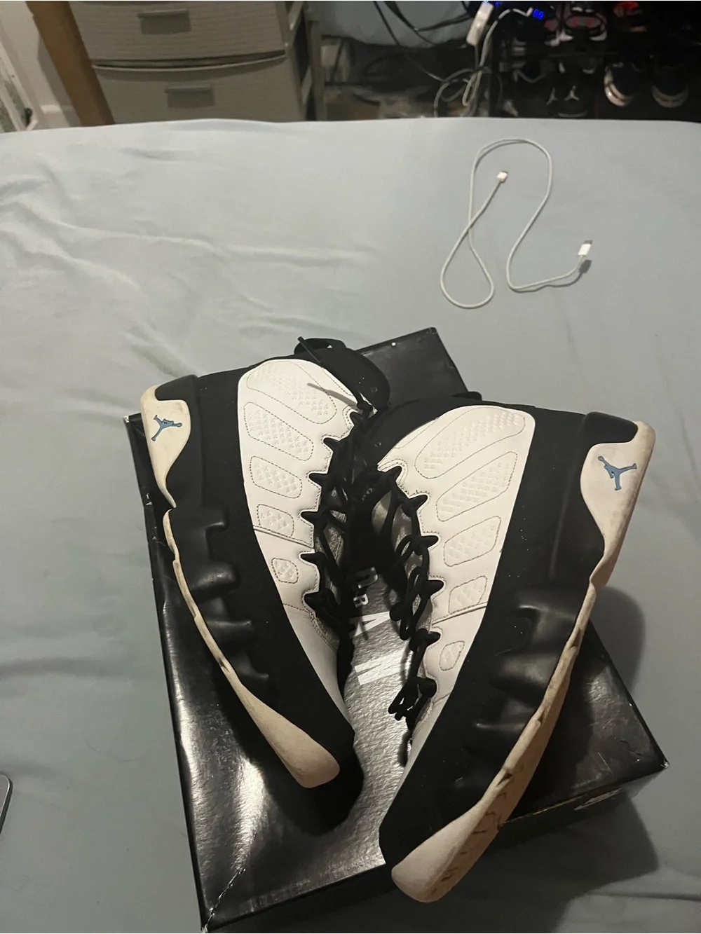 Jordan Black and White Basketball Shoes with Light Blue Jumpman